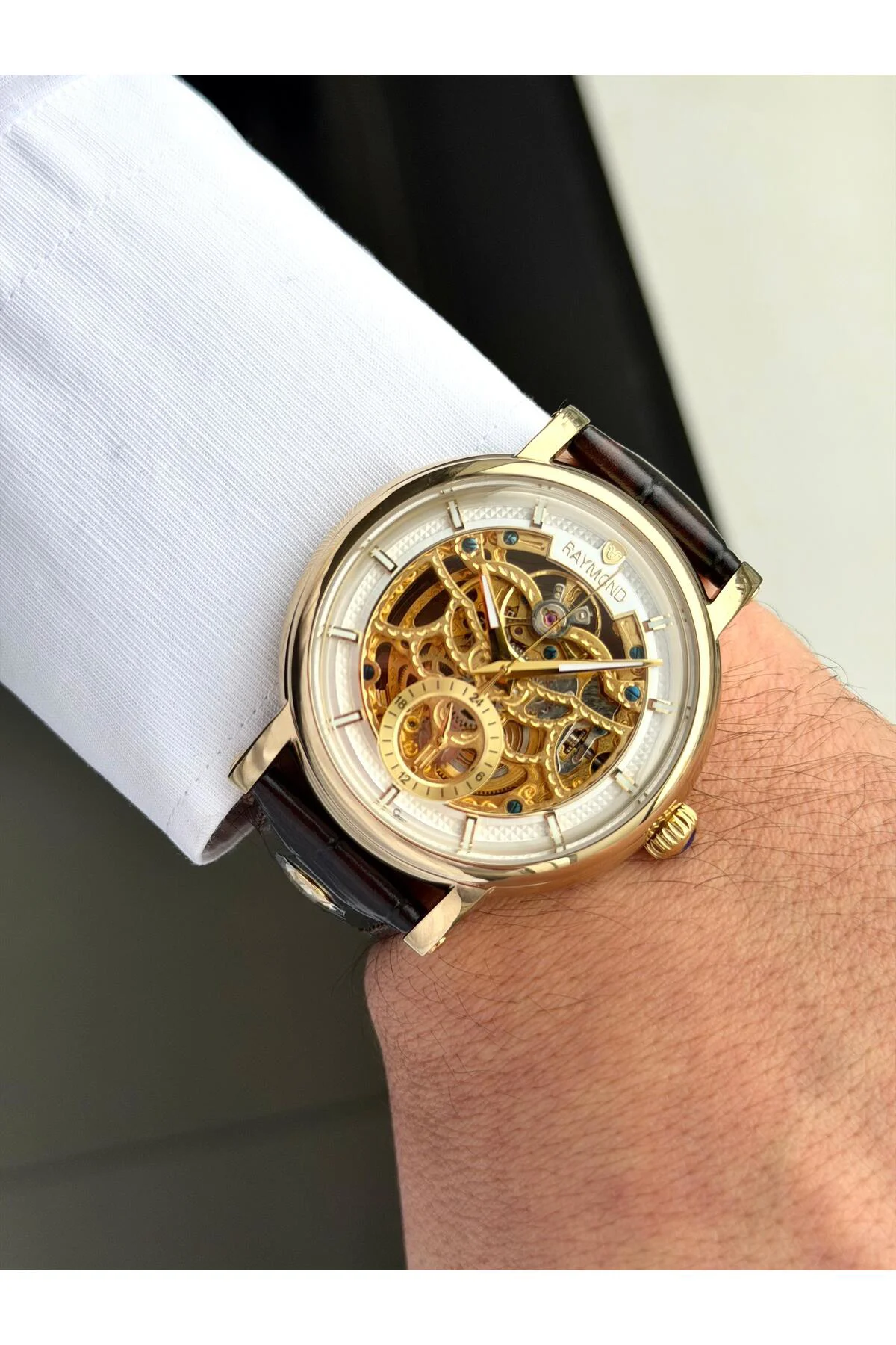RYM-4853 OTOMATİK ERKEK İSKELET MODEL KOL SAATİ - ÇELİK KASA - DERİ KORDON -2 YIL GARANTİ GOLD-BRW-W