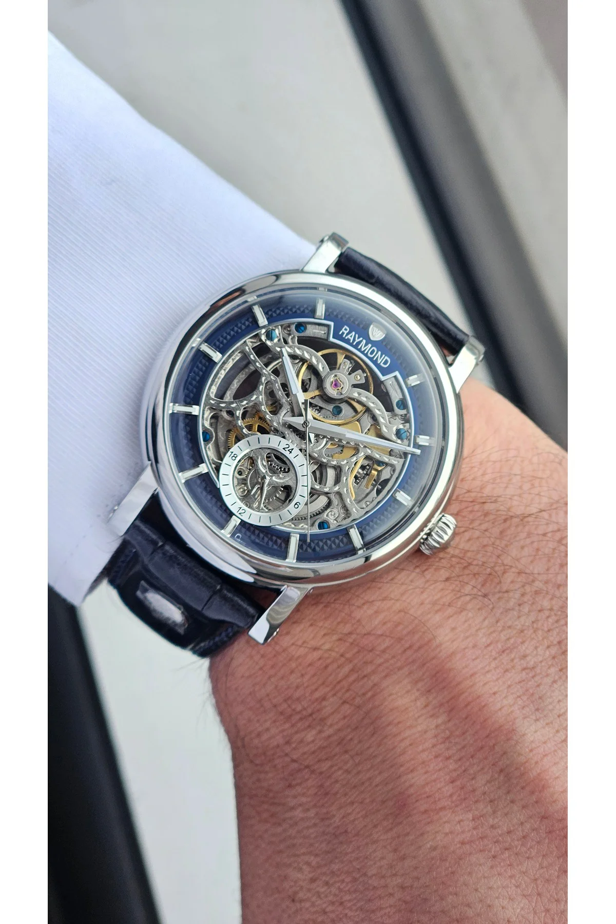 RYM-4853 OTOMATİK ERKEK İSKELET MODEL KOL SAATİ - ÇELİK KASA - DERİ KORDON - 2 YIL GARANTİ SS-BL
