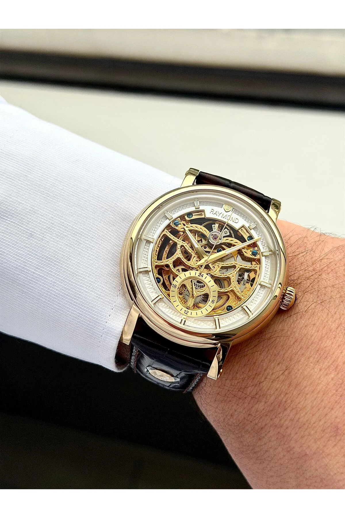 RYM-4853 OTOMATİK ERKEK İSKELET MODEL KOL SAATİ - ÇELİK KASA - DERİ KORDON -2 YIL GARANTİ GOLD-BRW-W