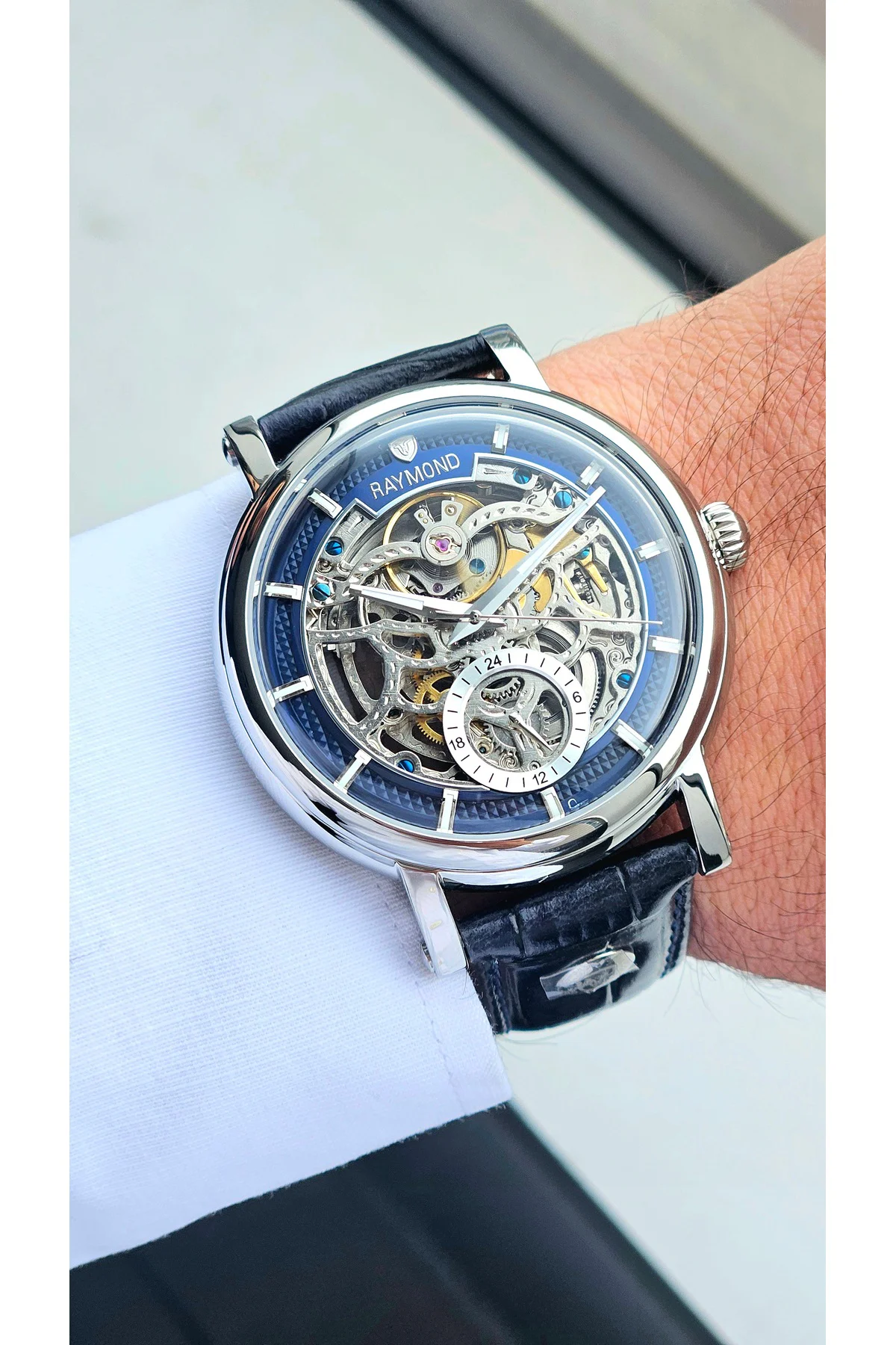 RYM-4853 OTOMATİK ERKEK İSKELET MODEL KOL SAATİ - ÇELİK KASA - DERİ KORDON - 2 YIL GARANTİ SS-BL