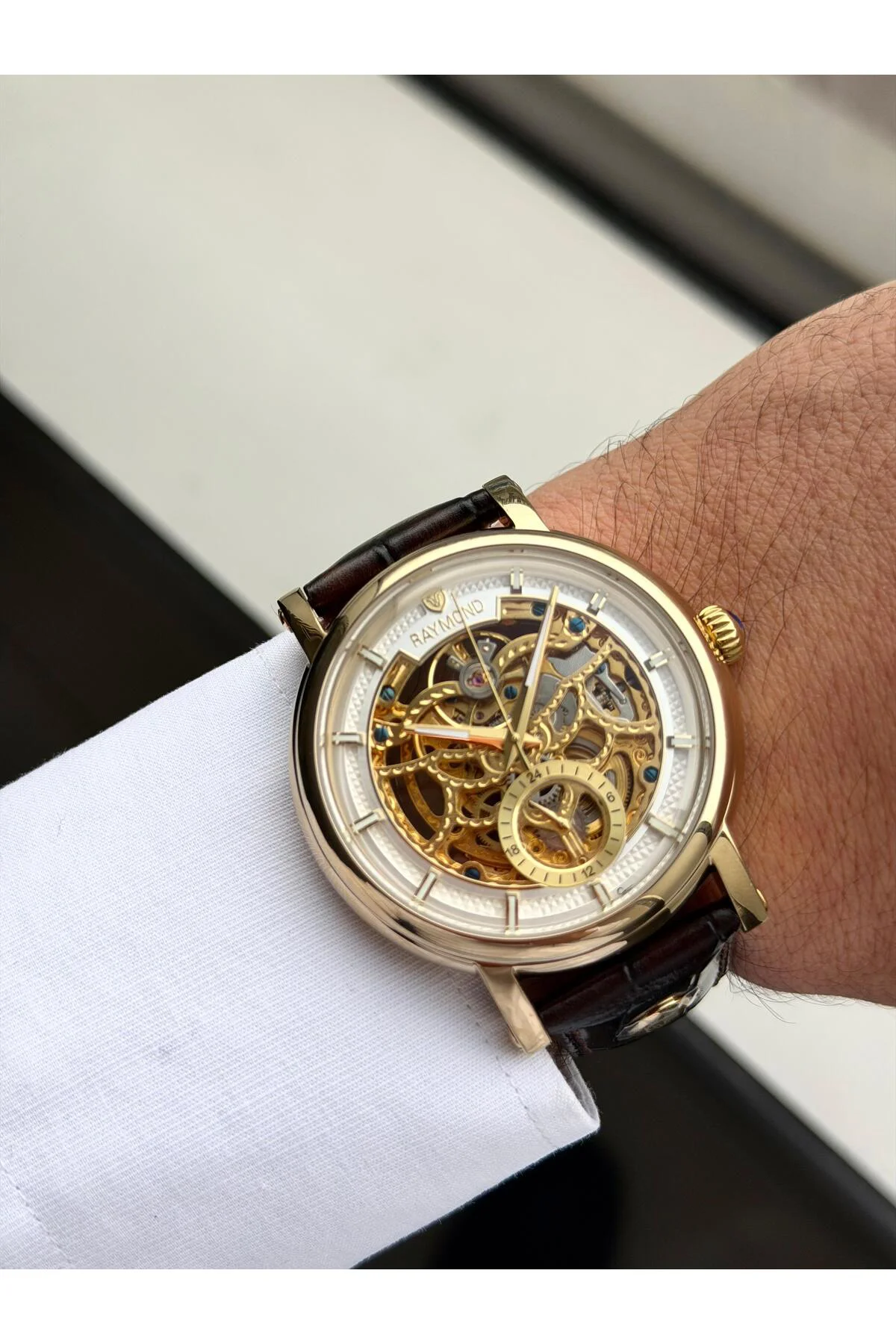 RYM-4853 OTOMATİK ERKEK İSKELET MODEL KOL SAATİ - ÇELİK KASA - DERİ KORDON -2 YIL GARANTİ GOLD-BRW-W