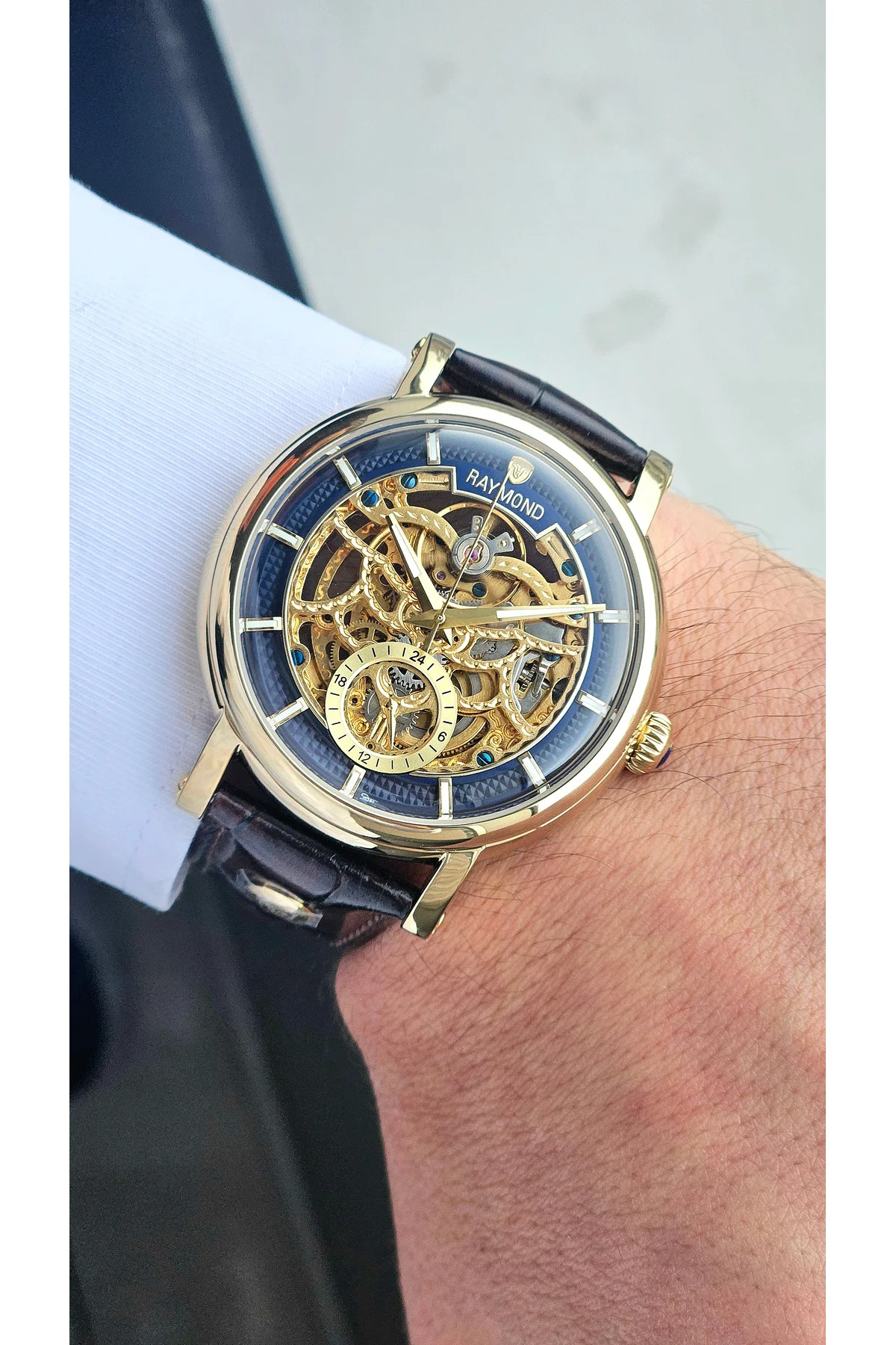 RYM-4853 OTOMATİK ERKEK İSKELET MODEL KOL SAATİ - ÇELİK KASA - DERİ KORDON - 2 YIL GARANTİ GOLD-BRW