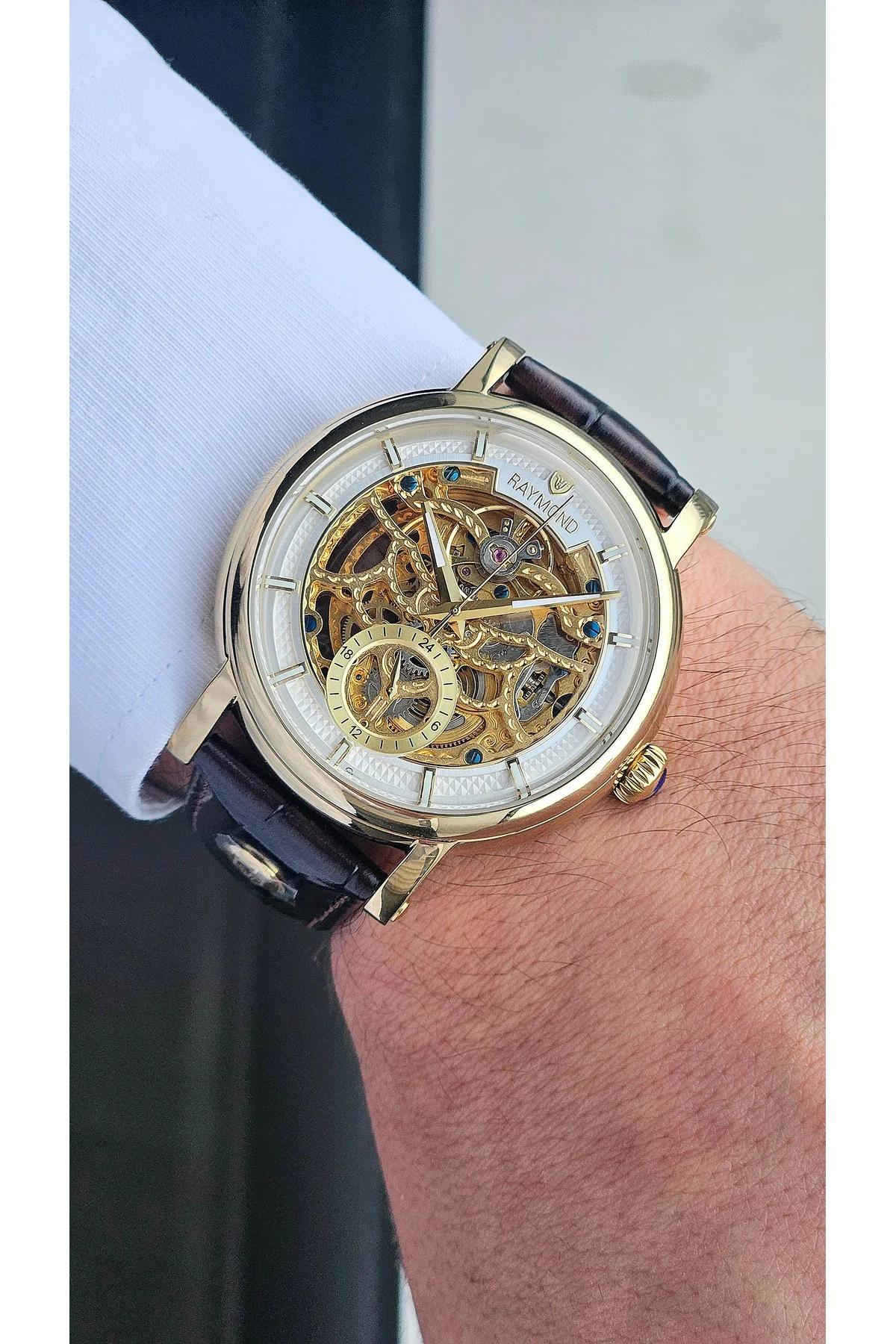 RYM-4853 OTOMATİK ERKEK İSKELET MODEL KOL SAATİ - ÇELİK KASA - DERİ KORDON -2 YIL GARANTİ GOLD-BRW-W