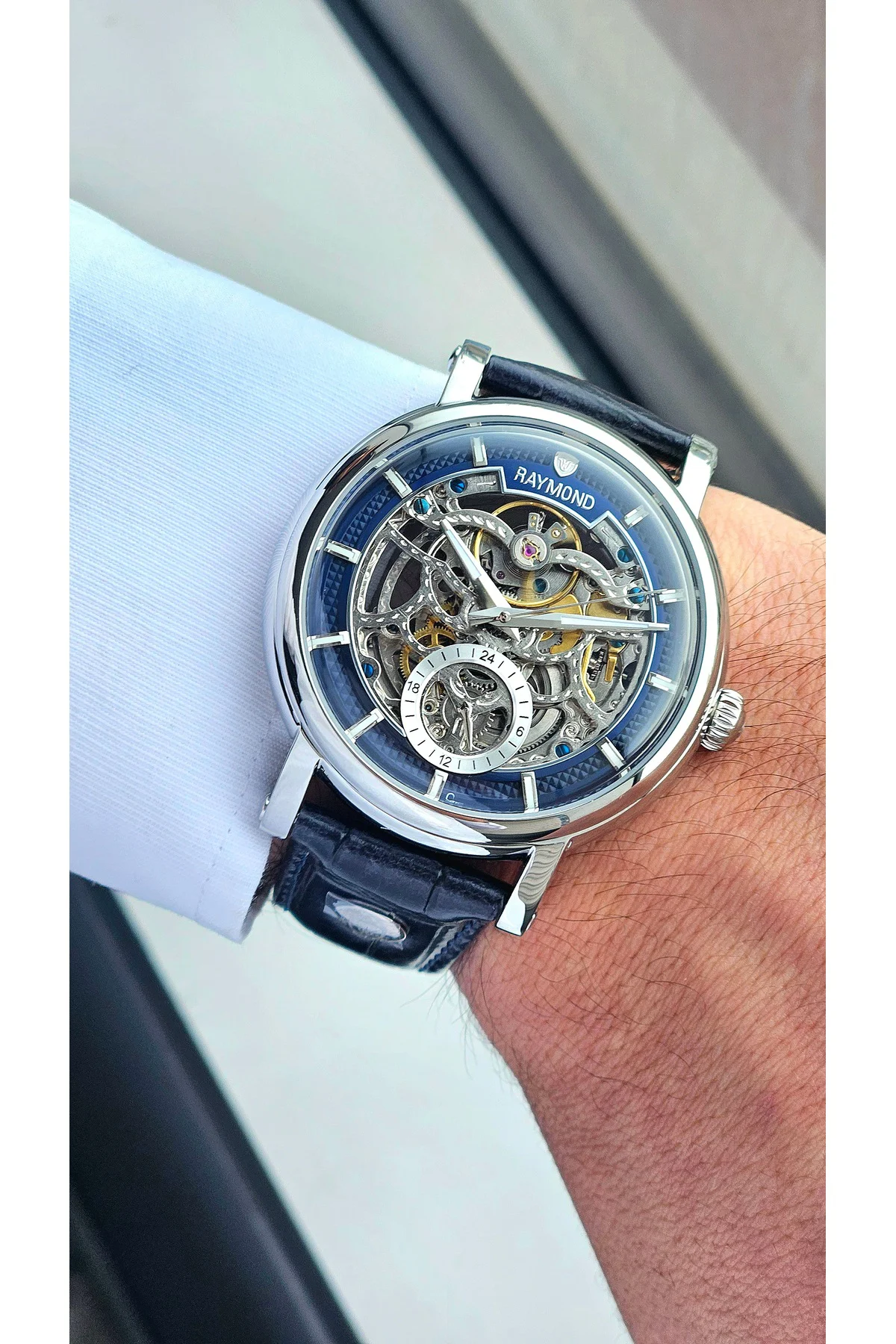 RYM-4853 OTOMATİK ERKEK İSKELET MODEL KOL SAATİ - ÇELİK KASA - DERİ KORDON - 2 YIL GARANTİ SS-BL