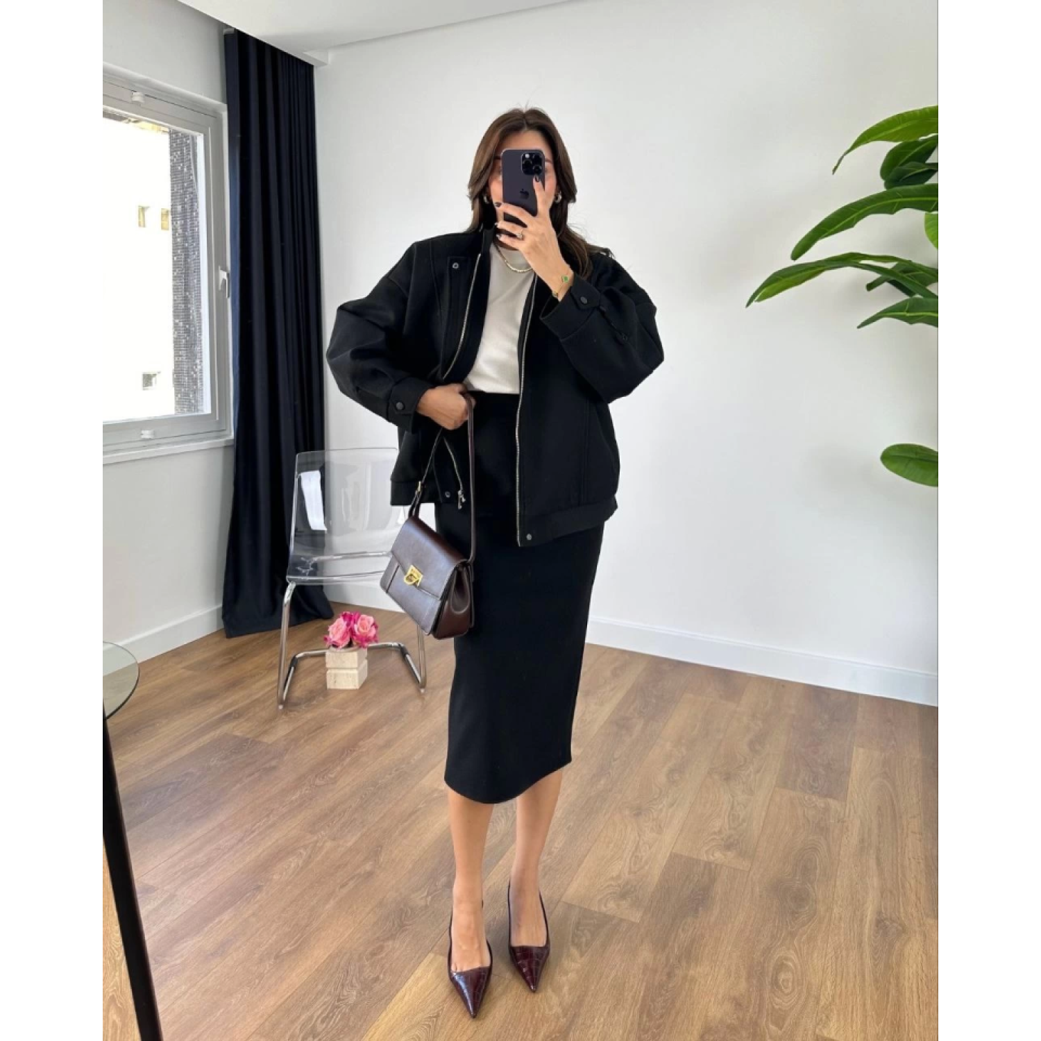 RYSE Mevsim Kaşe Fermuarlı Ceket Etek Takım Kaşmir Ceket Etekli  