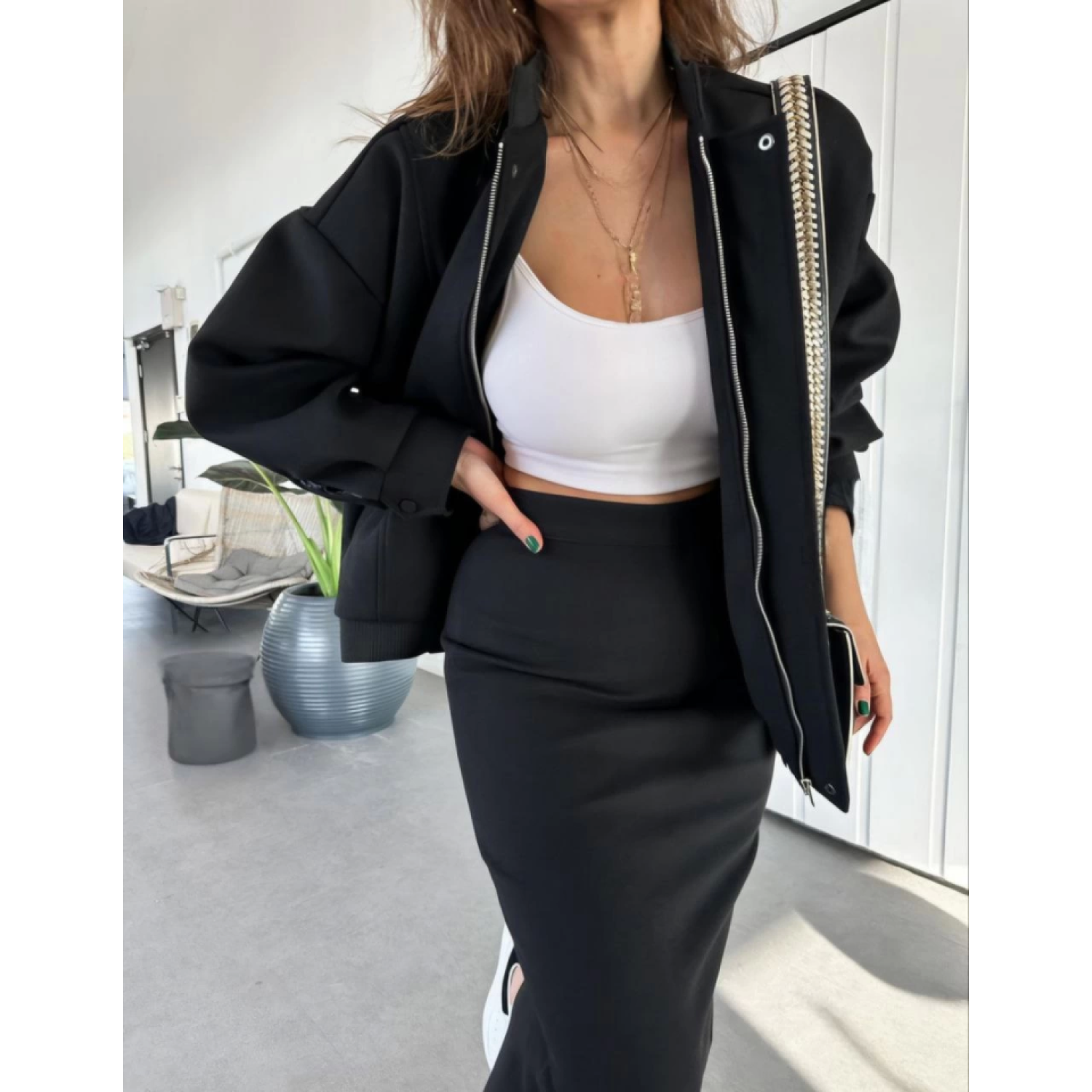 RYSE Mevsim Kaşe Fermuarlı Ceket Etek Takım Kaşmir Ceket Etekli  