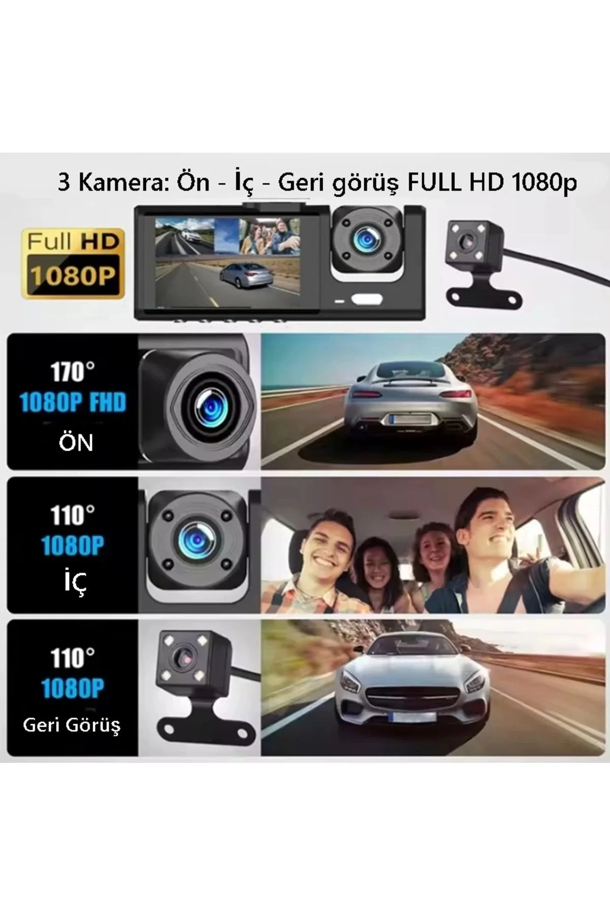 S-1 1080p Araç içi Kamera 3 Kameralı ( Ön Görüş - Geri görüş - İç Görüş ) Gece Görüşlü
