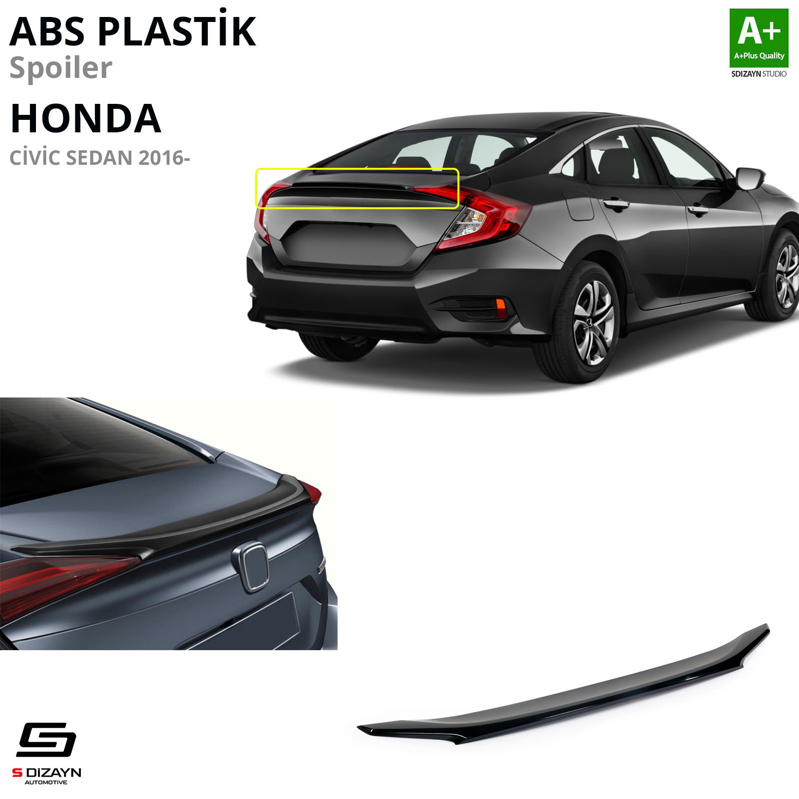 S-Dizayn Honda Civic FC5 ABS Plastik Spoiler Parlak Siyah 2016-20