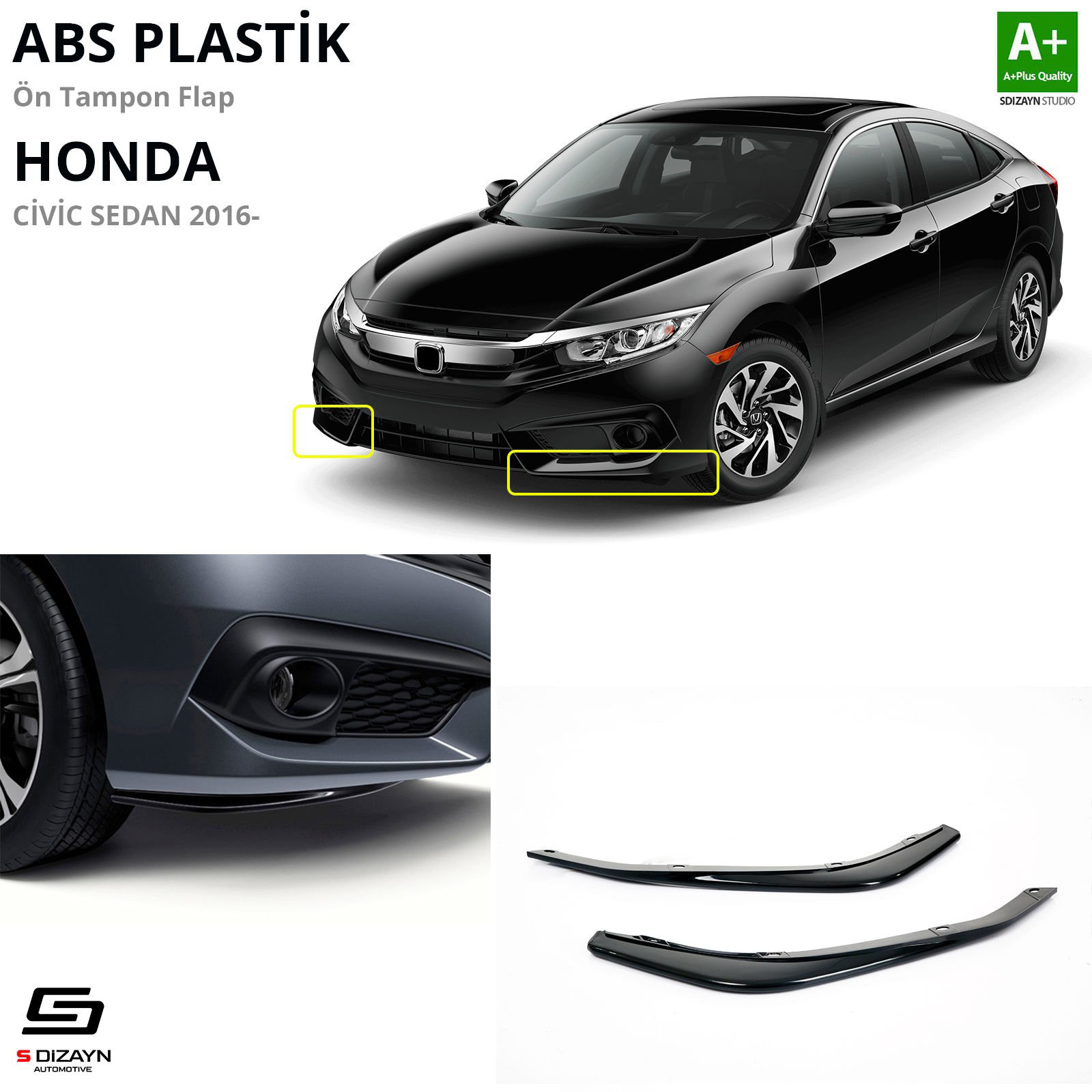 S-Dizayn Honda Civic FC5 ABS Plastik Ön Tampon Flap Parlak Siyah 