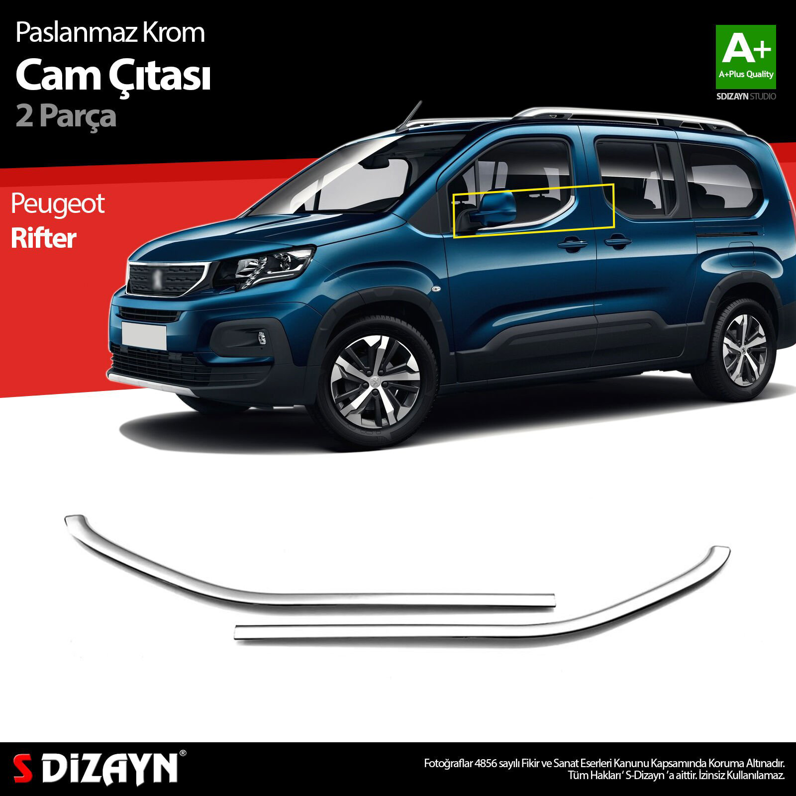 S-Dizayn Peugeot Rifter Krom Cam Çıtası 2 Prç. 2019 Üzeri A+ Kali