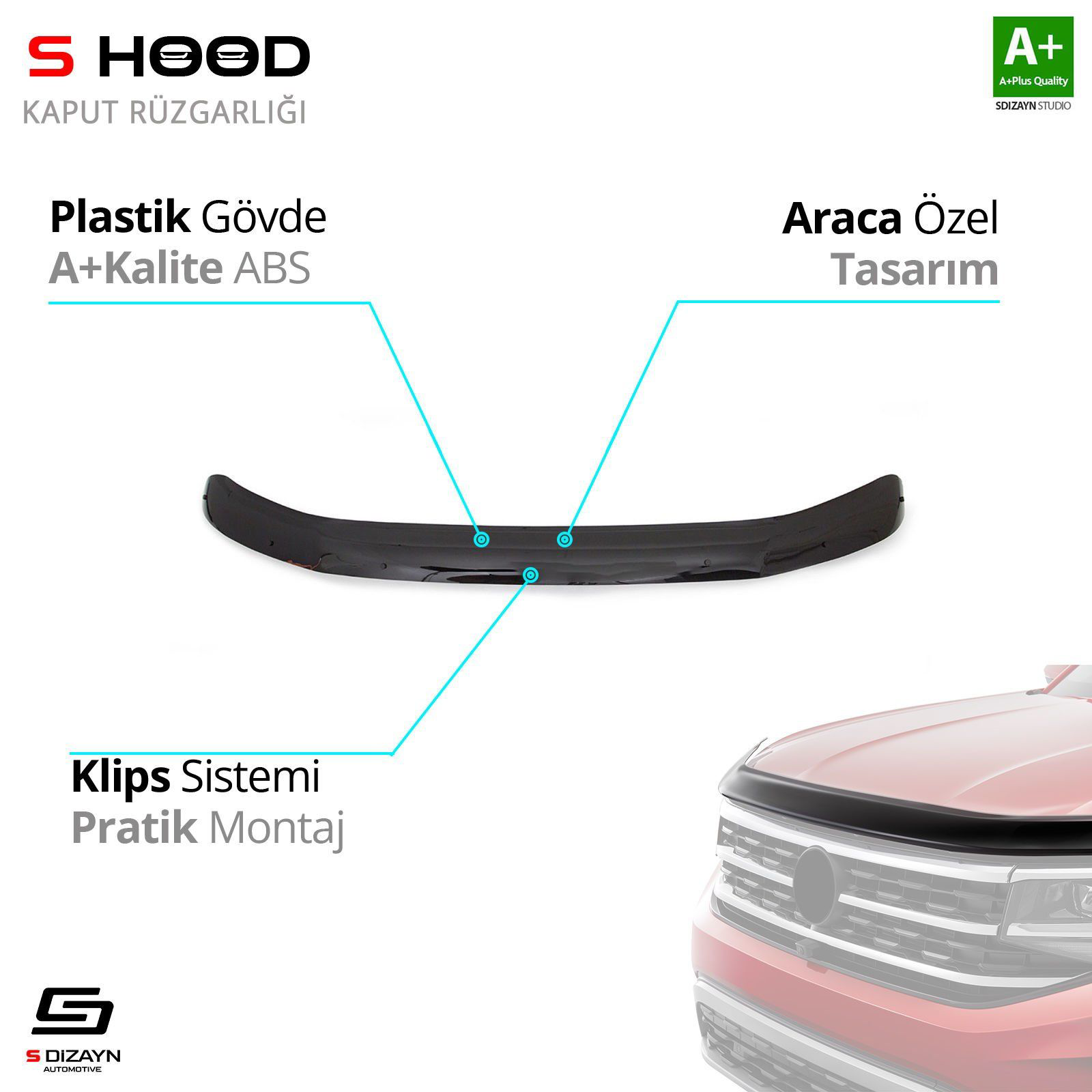 S-Dizayn Volkswagen Uyumlu Transporter T6 ABS Plastik Kaput Rüzga S-Dizayn Volkswagen Uyumlu Transporter T6 ABS Plastik Kaput Rüzga