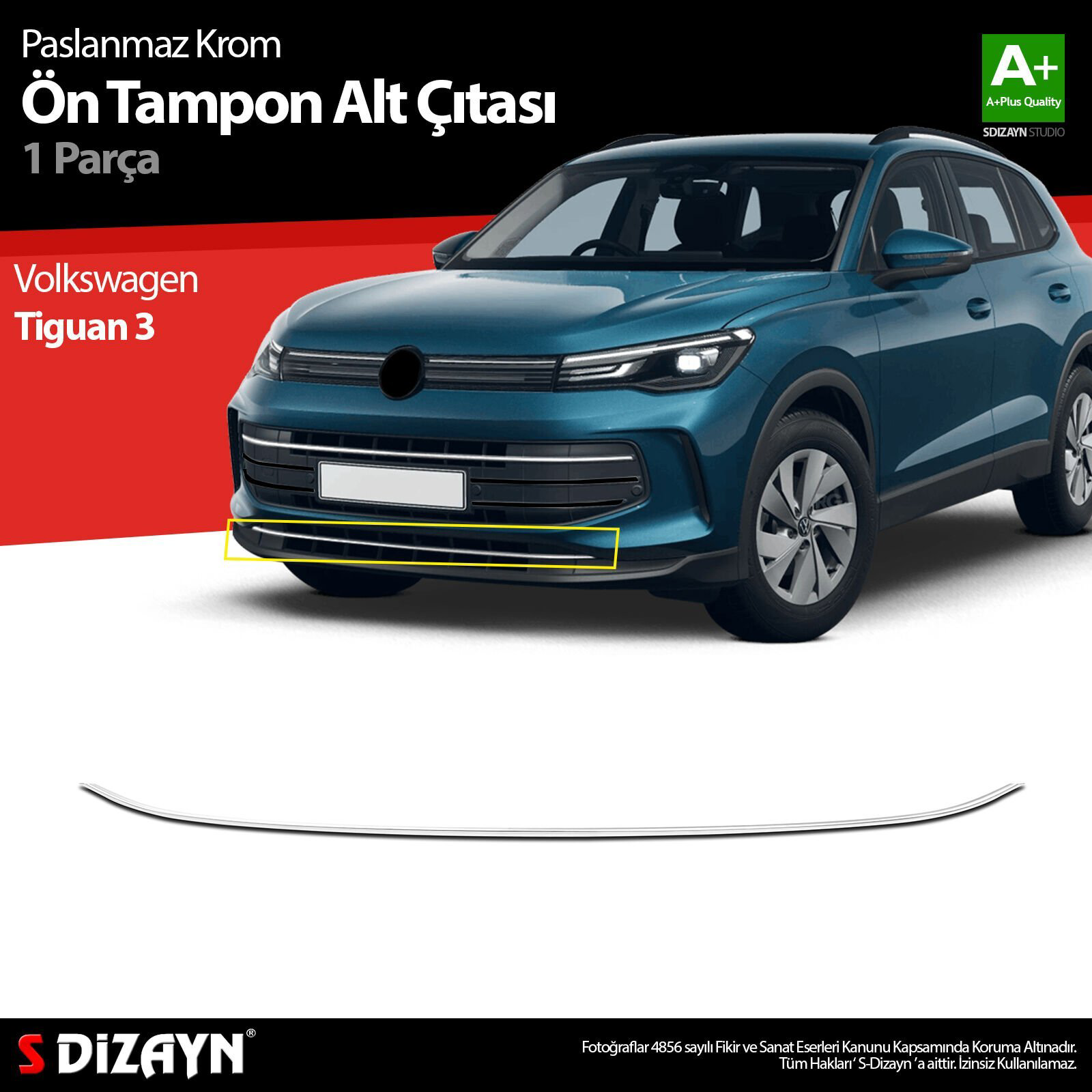 S-Dizayn VW Tiguan 3 Krom Ön Tampon Alt Çıtası 2024 Üzeri A+ Kali S-Dizayn VW Tiguan 3 Krom Ön Tampon Alt Çıtası 2024 Üzeri A+ Kali