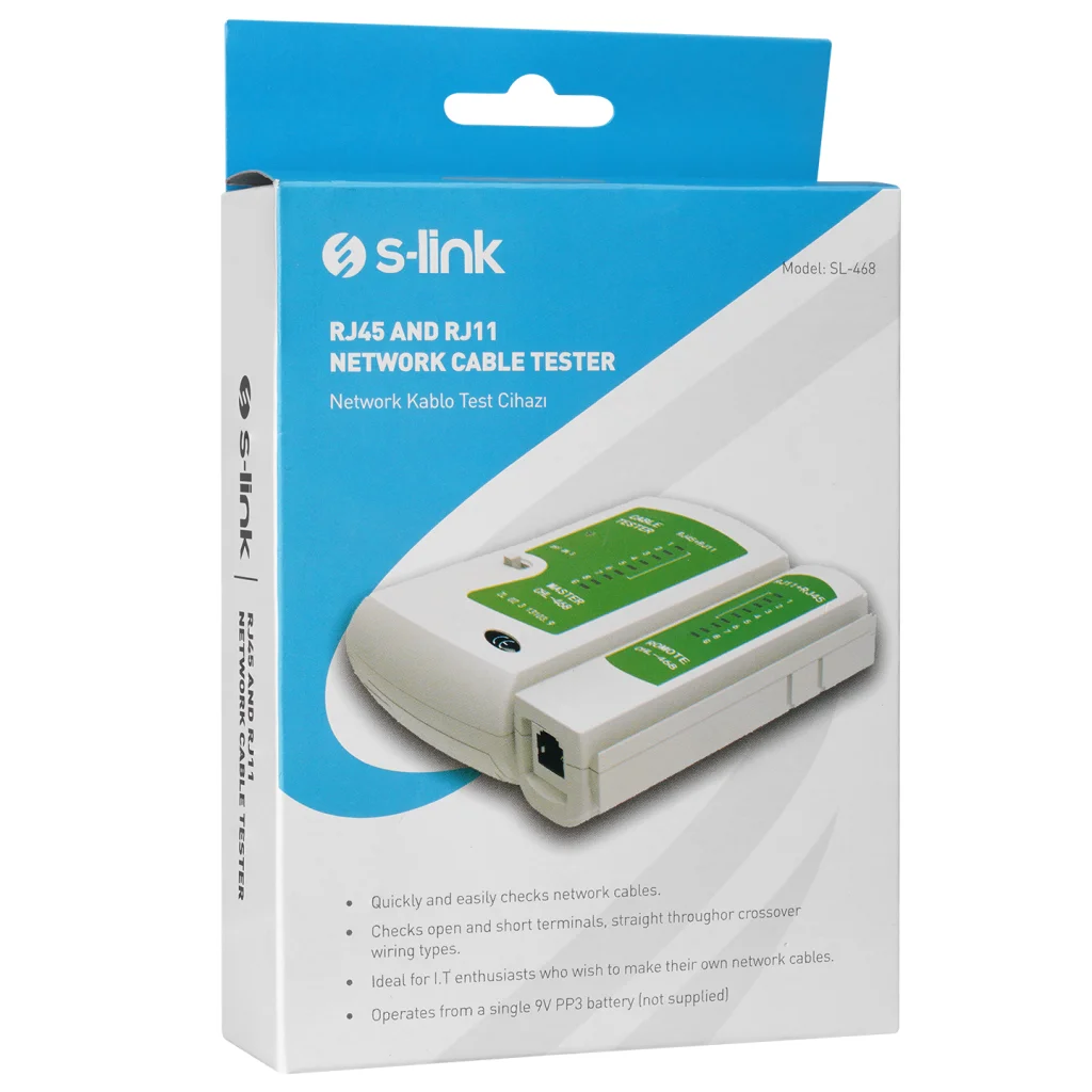 S-LINK SL-468 RJ45 ve RJ11 Kablo Test Cihazı - LED'li Profesyonel Test Ünitesi