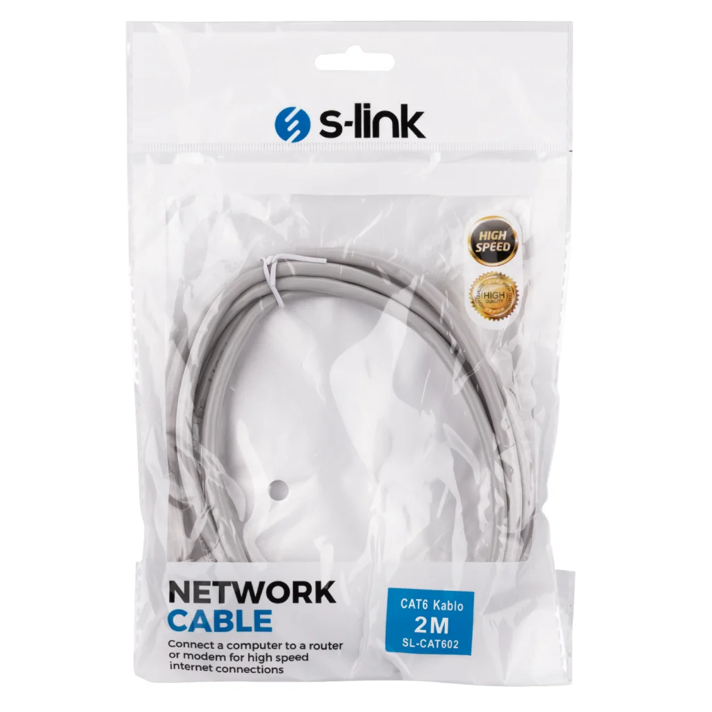 S-LINK SL-CAT602 CAT6 Ethernet Kablosu 2m Gri (Yüksek Hızlı Aktarım) - Güvenilir Bağlantı Çözümü
