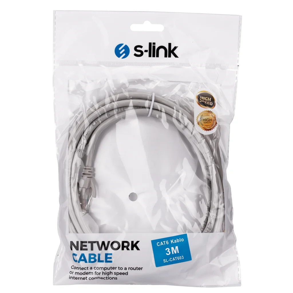 S-LINK SL-CAT603 CAT6 Patch 3Mt Kablo (Gri) - Yüksek Hızlı LAN Bağlantısı