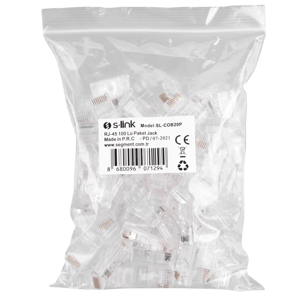 S-LINK SL-COB20P Yeni Nesil RJ45 JAC UTP Konnektör 100'lü Paket - Lüks Şeffaf