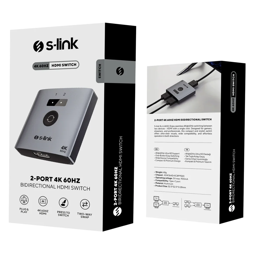 S-LINK SL-LU602 2xHDMI 4K 60Hz Monitör Çoklayıcı ve Çift Yönlü Switch