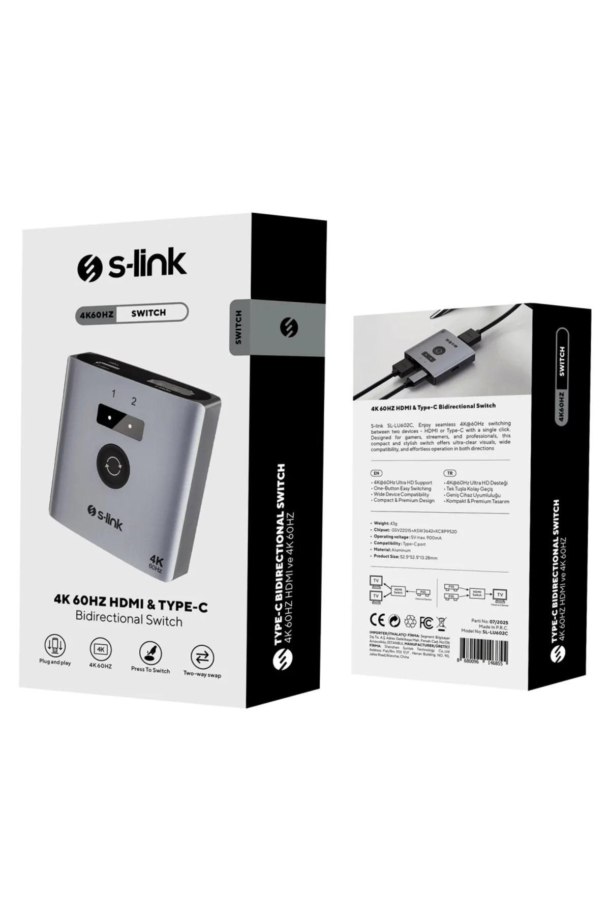 S-LINK SL-LU602C 2xHDMI 1Type-C 4K 60Hz Monitör Çoklayıcı (1PC-2M