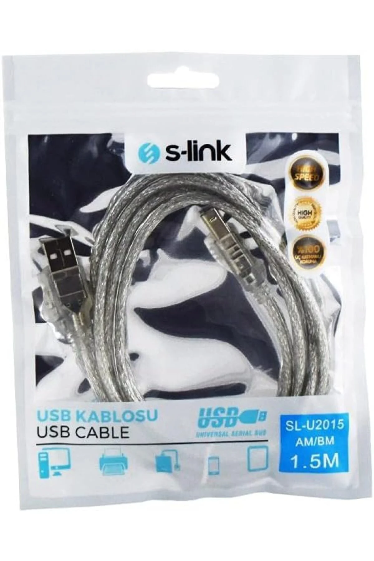 S-Link SL-U2015 USB 2.0 1.5m Şeffaf Yazıcı Kablosu