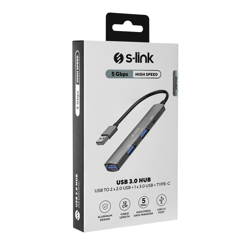S-LINK SW-U322 Metal USB Hub - USB 3.0 to 2xUSB 2.0, 1xUSB 3.0, 1xType-C Multi-Port Genişletici