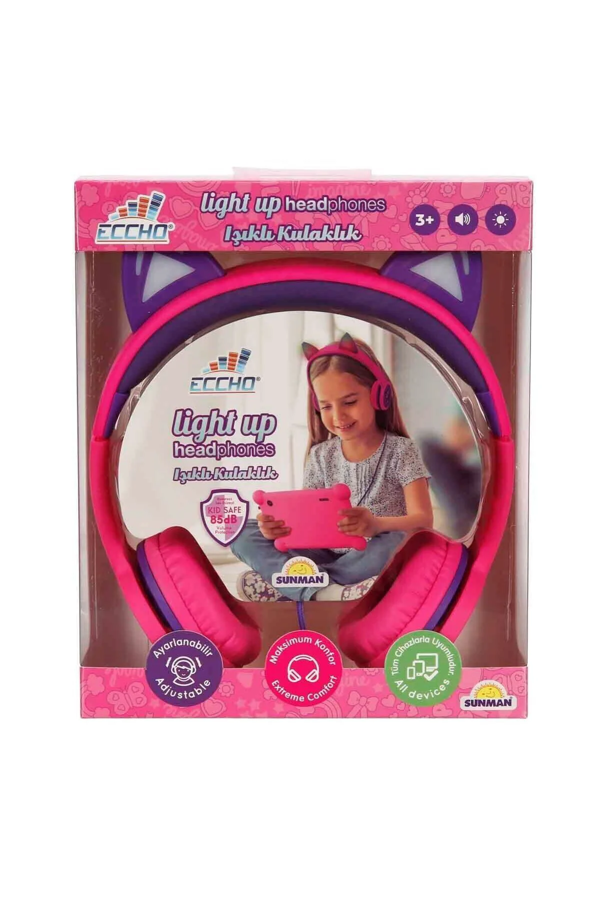 S00091067 -SUN-GLE-ECH-KULAKLIK KABLOLU KEDİ ŞKL.IŞIKLI PEMBE-MOR