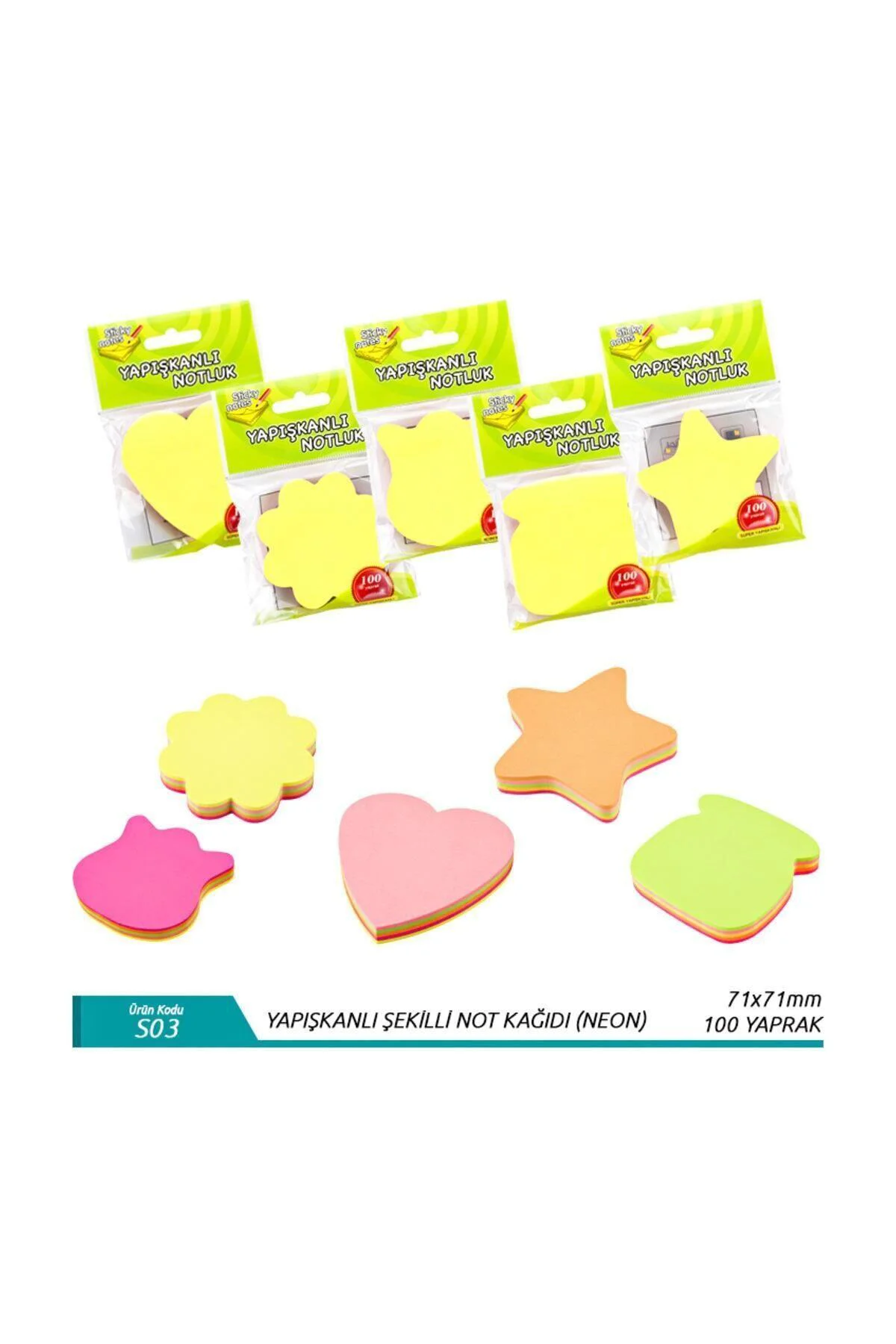 S03 Yapışkanlı Not Kağıdı Şekilli 100 Yaprak Neon Renk Karışık De