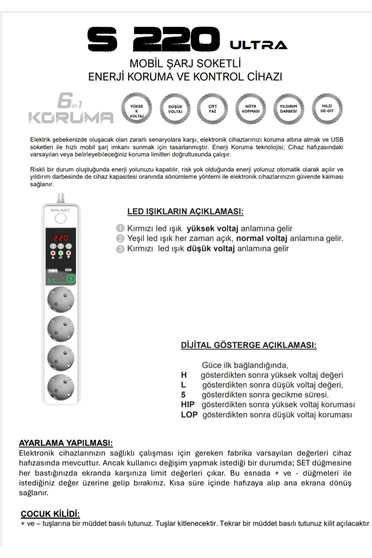 S220 ULTRA MOBİL ŞARJ SOKETLİ 4 LÜ ENERJİ KORUMA VE KONTROL CİHAZ