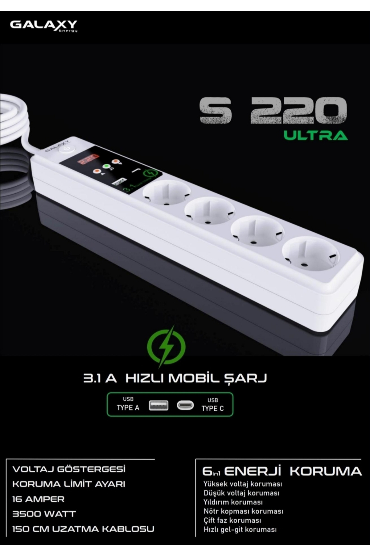 S220 ULTRA MOBİL ŞARJ SOKETLİ 4 LÜ ENERJİ KORUMA VE KONTROL CİHAZ