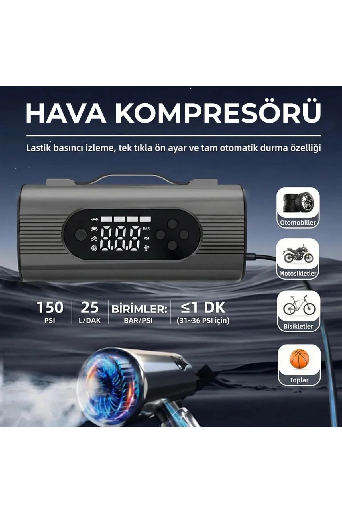 S8 6'sı 1 Arada Akü Takviye ve Hava Kompresörü 150 PSI – Araç Jum