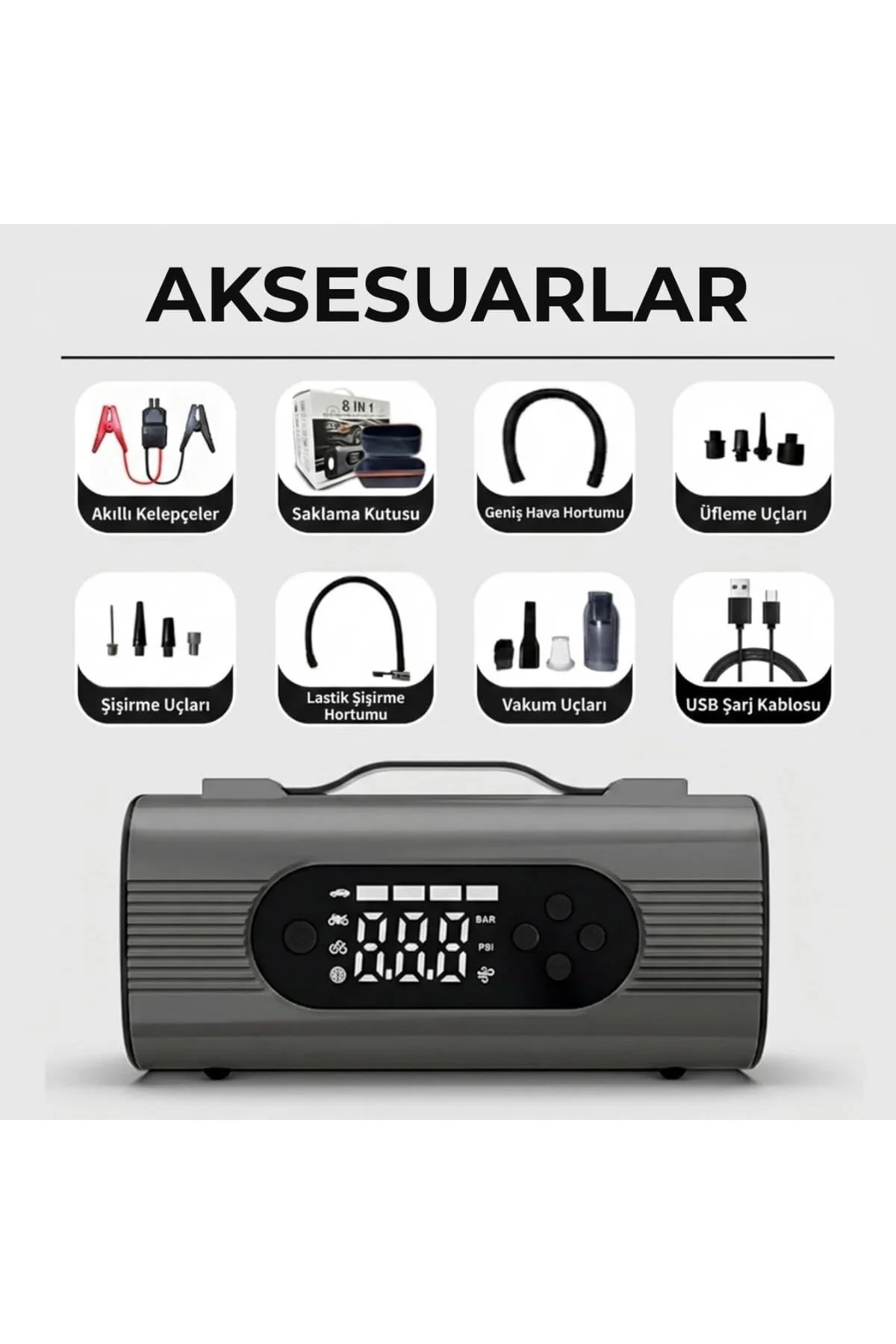 S8 6'sı 1 Arada Akü Takviye ve Hava Kompresörü 150 PSI – Araç Jum
