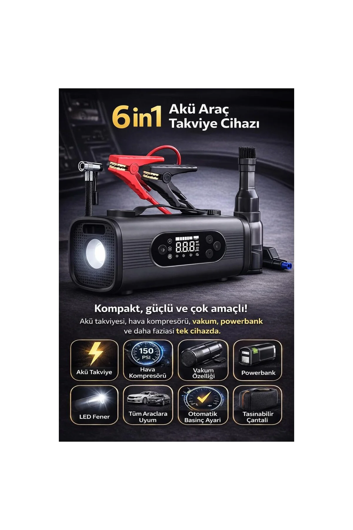 S8 6'sı 1 Arada Akü Takviye ve Hava Kompresörü 150 PSI – Araç Jum