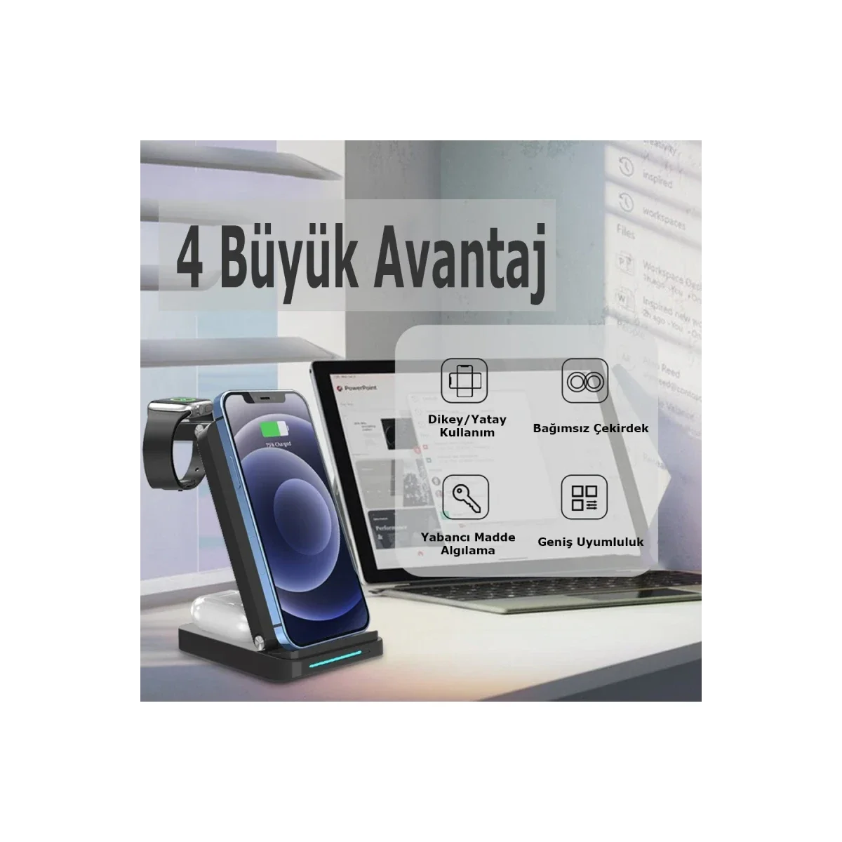 S90 4in1 Kablosuz Şarj Masaüstü Set - Siyah