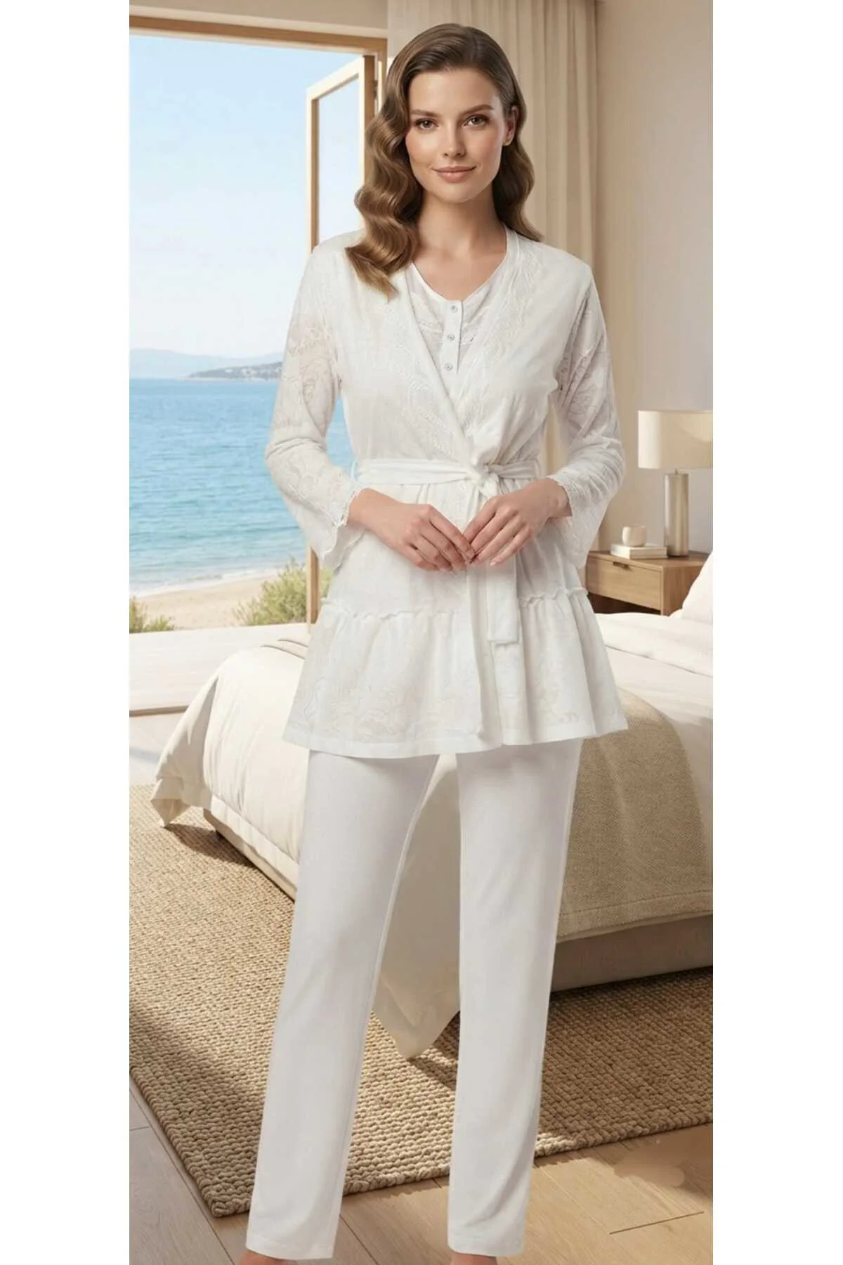 Sabahlıklı 3 lü Pijama Takımı Ekru