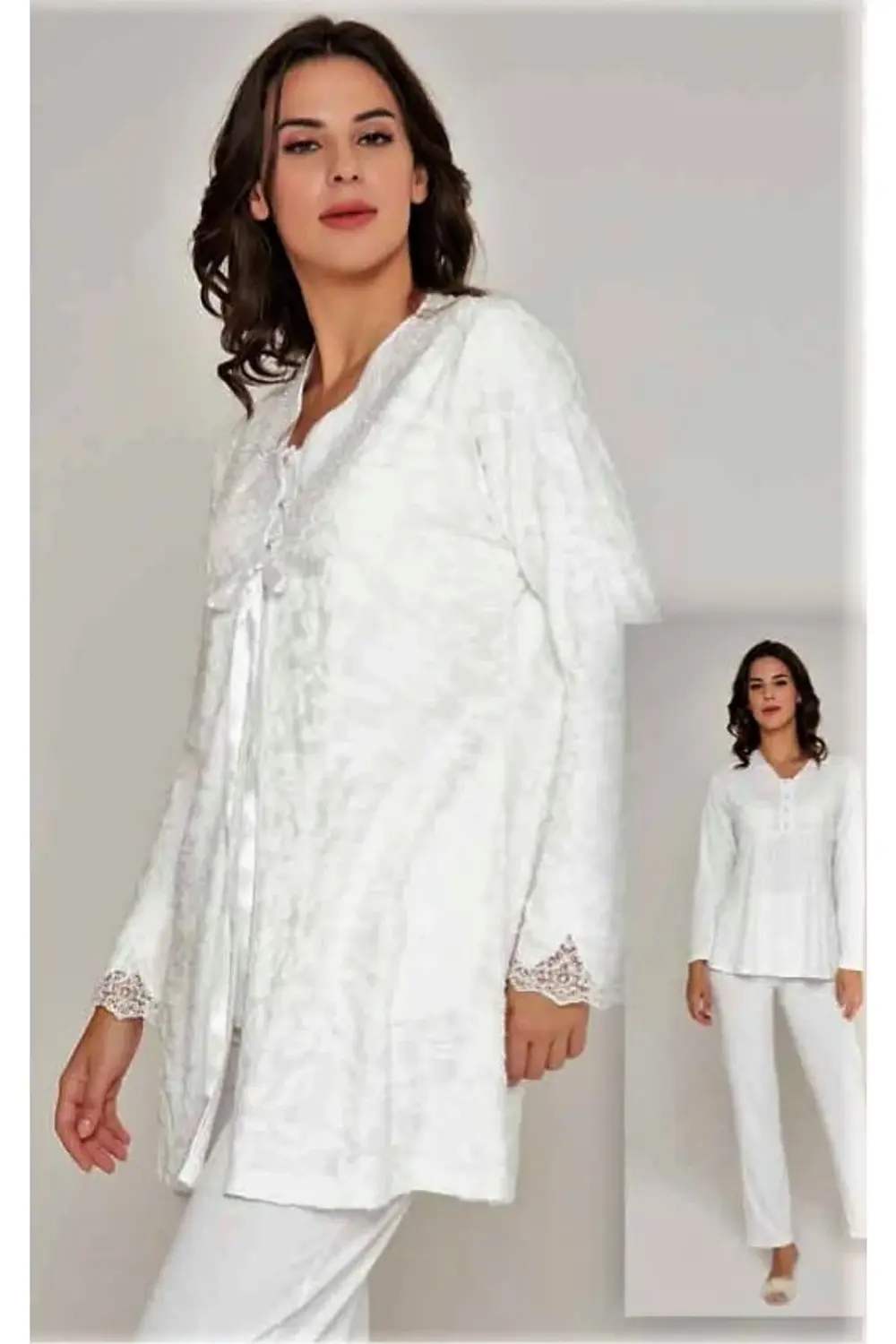 Sabahlıklı 3'iü Pijama Takımı Ekru