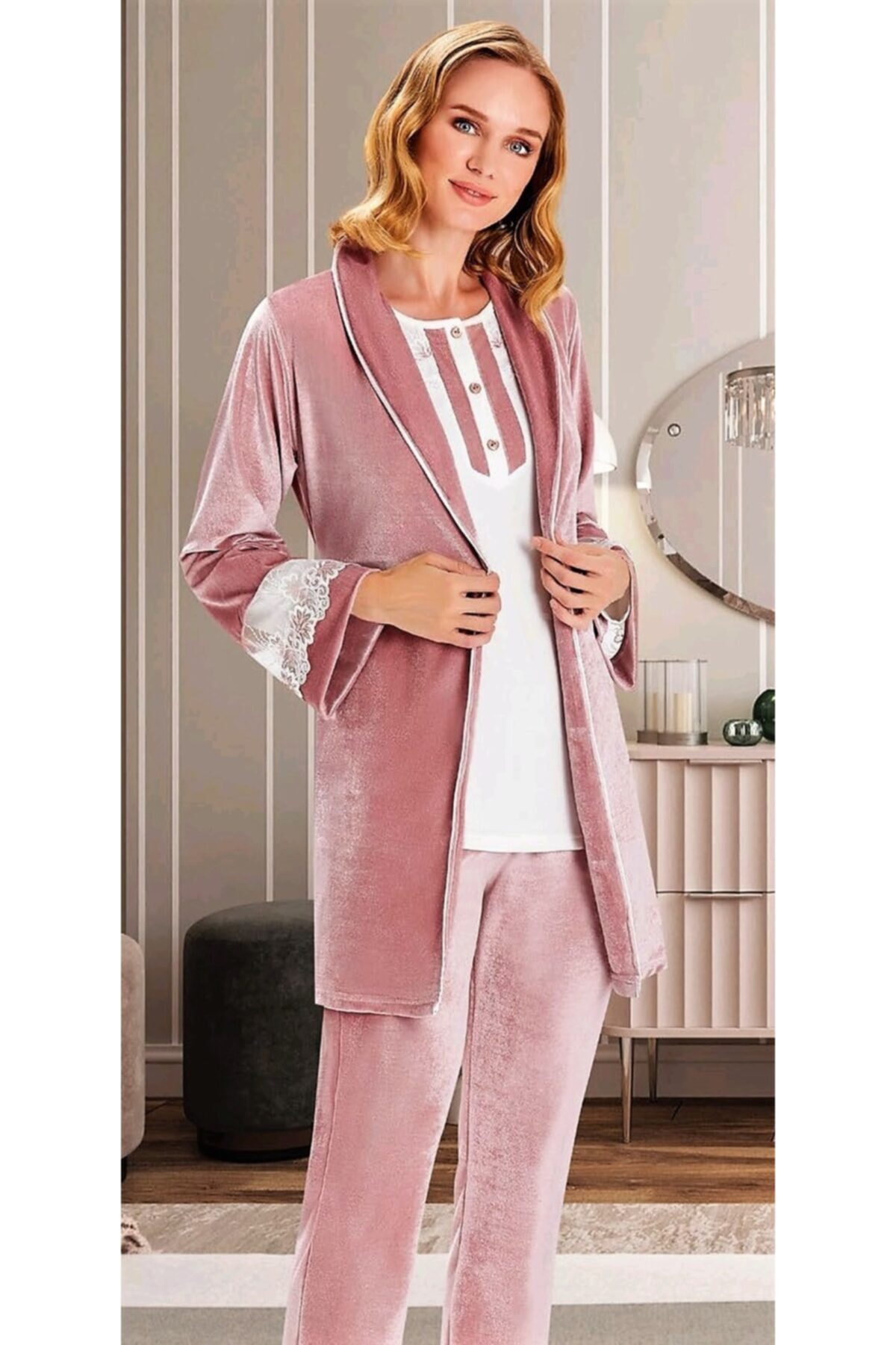 Flz Sabahlıklı Kadife Pijama Takımı 3 Lü Pudra