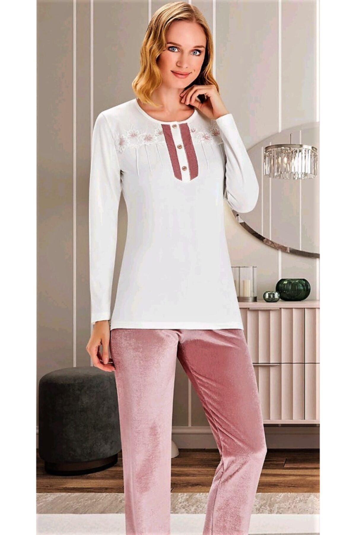 Flz Sabahlıklı Kadife Pijama Takımı 3 Lü Pudra