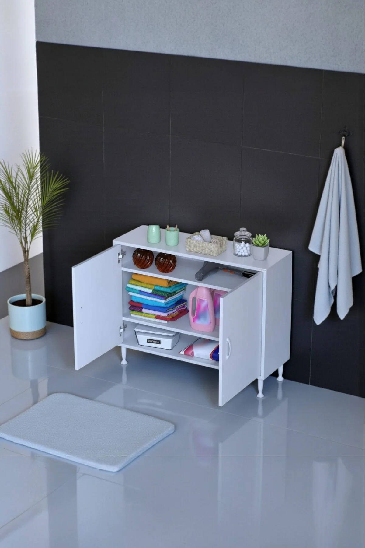 Sabir 100 cm 2 Raflı Beyaz Banyo Mutfak Dolabı 3 Bölmeli Çok Amaç