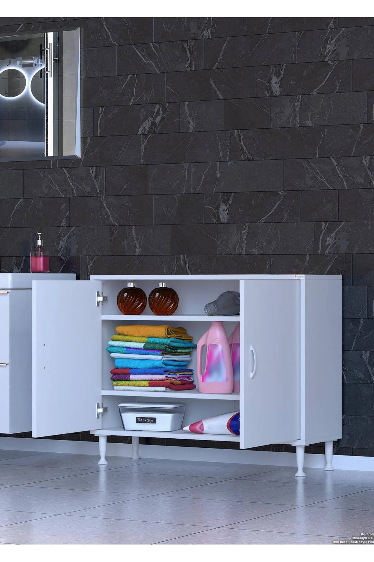 Sabir 100 cm 2 Raflı Beyaz Banyo Mutfak Dolabı 3 Bölmeli Çok Amaç