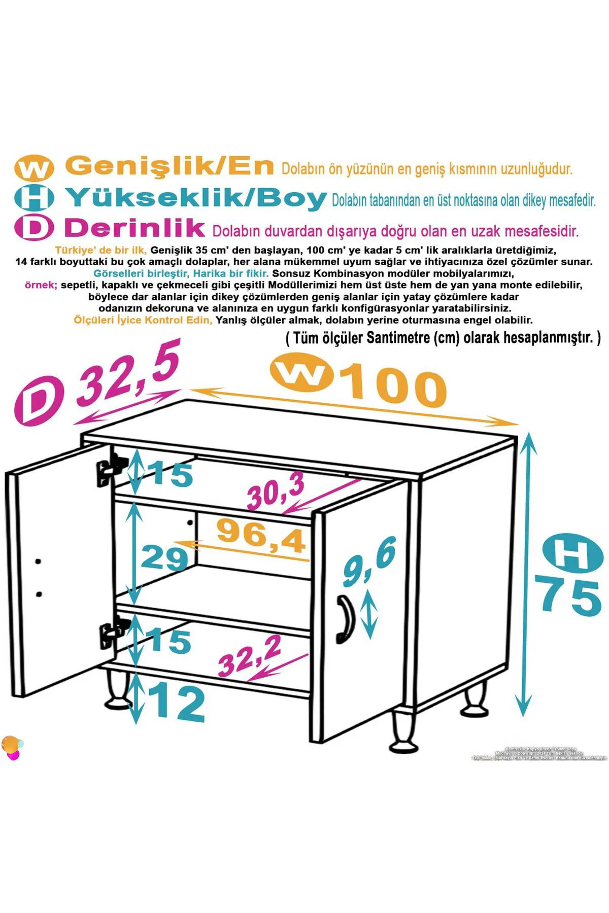 Sabir 100 cm 2 Raflı Beyaz Banyo Mutfak Dolabı 3 Bölmeli Çok Amaç