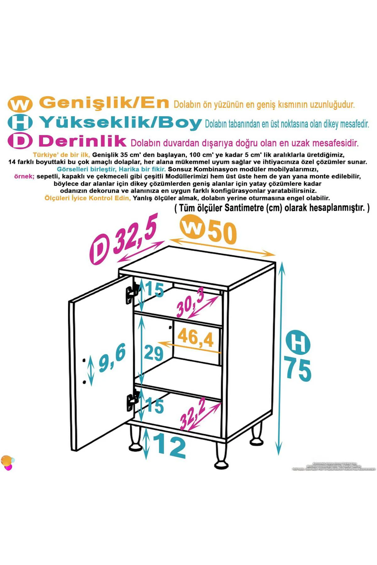 Sabir 50 cm 2 Raflı Beyaz Banyo Mutfak Dolabı 3 Bölmeli Çok Amaçl