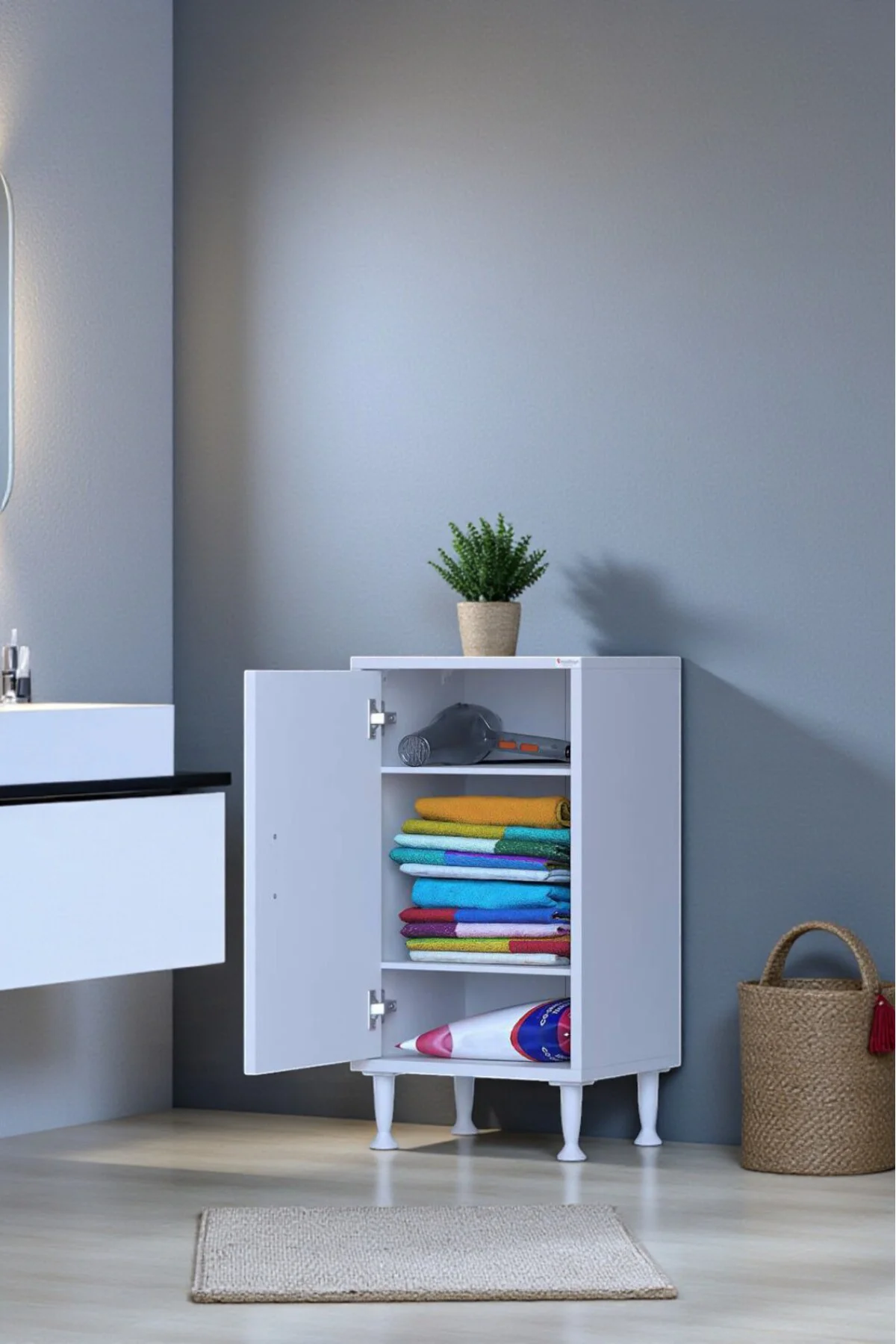 Sabir 50 cm 2 Raflı Beyaz Banyo Mutfak Dolabı 3 Bölmeli Çok Amaçl
