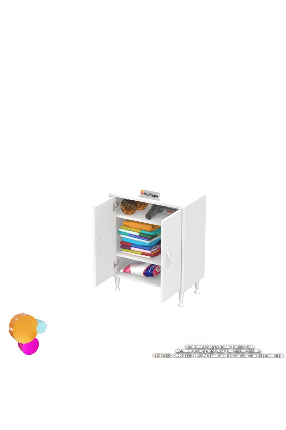 Sabir 60 cm 2 Raflı Beyaz Banyo Mutfak Dolabı 3 Bölmeli Çok Amaçl