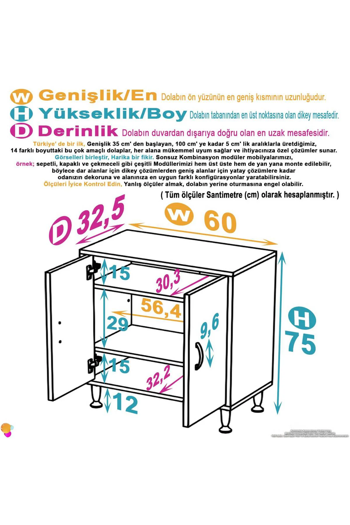 Sabir 60 cm 2 Raflı Beyaz Banyo Mutfak Dolabı 3 Bölmeli Çok Amaçl