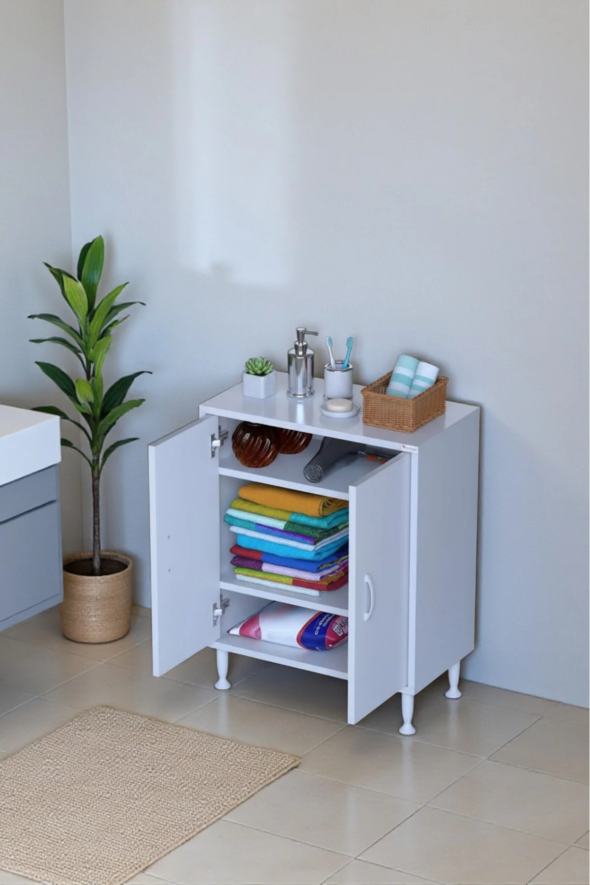 Sabir 60 cm 2 Raflı Beyaz Banyo Mutfak Dolabı 3 Bölmeli Çok Amaçl