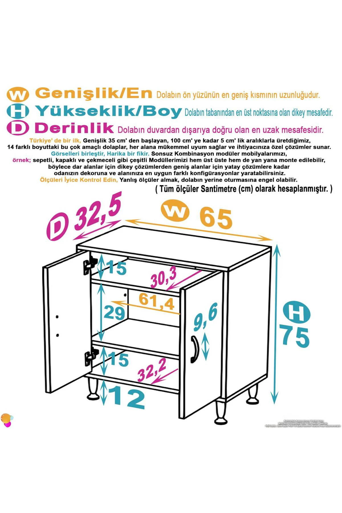 Sabir 65 cm 2 Raflı Beyaz Banyo Mutfak Dolabı 3 Bölmeli Çok Amaçl