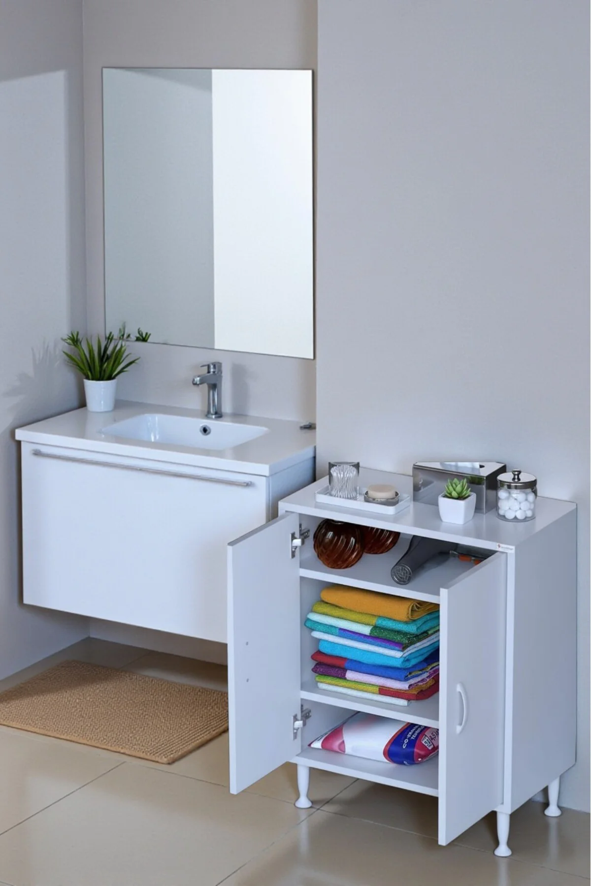 Sabir 65 cm 2 Raflı Beyaz Banyo Mutfak Dolabı 3 Bölmeli Çok Amaçl
