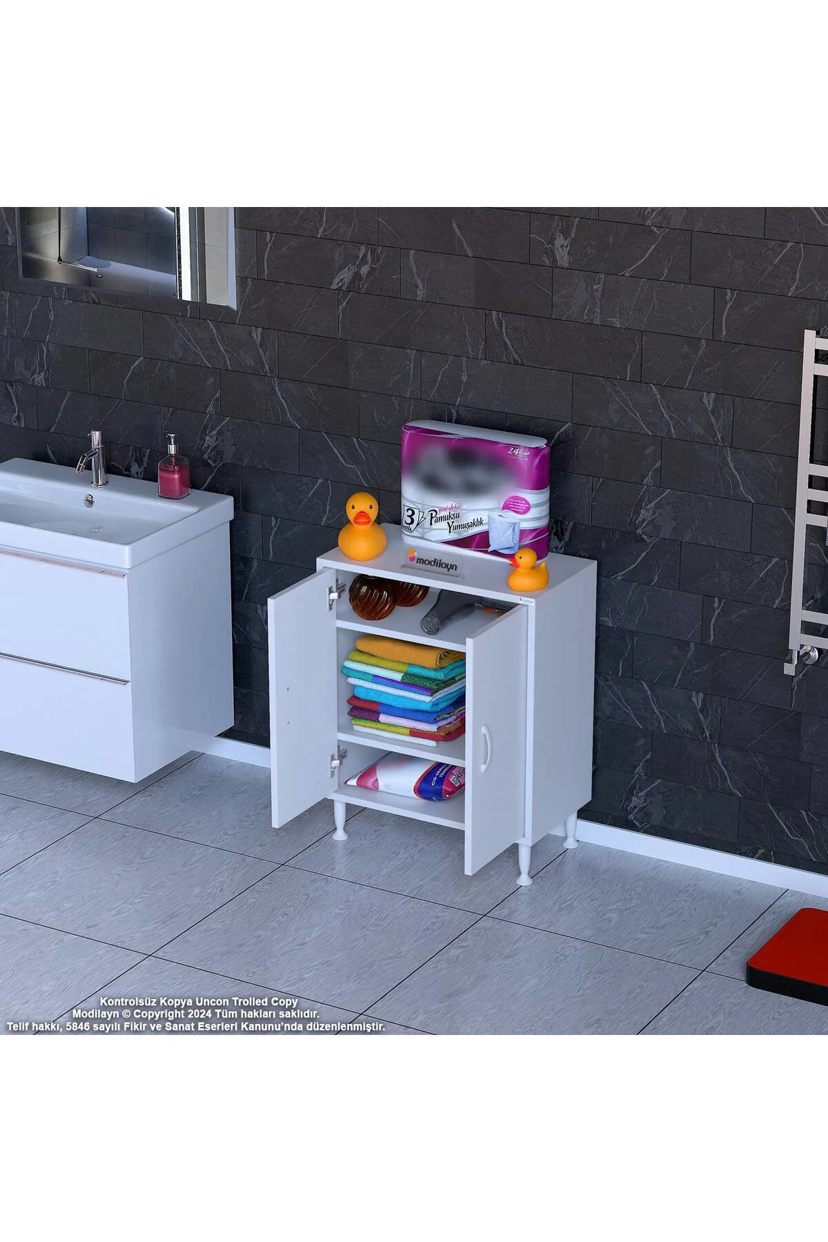 Sabir 65 cm 2 Raflı Beyaz Banyo Mutfak Dolabı 3 Bölmeli Çok Amaçl