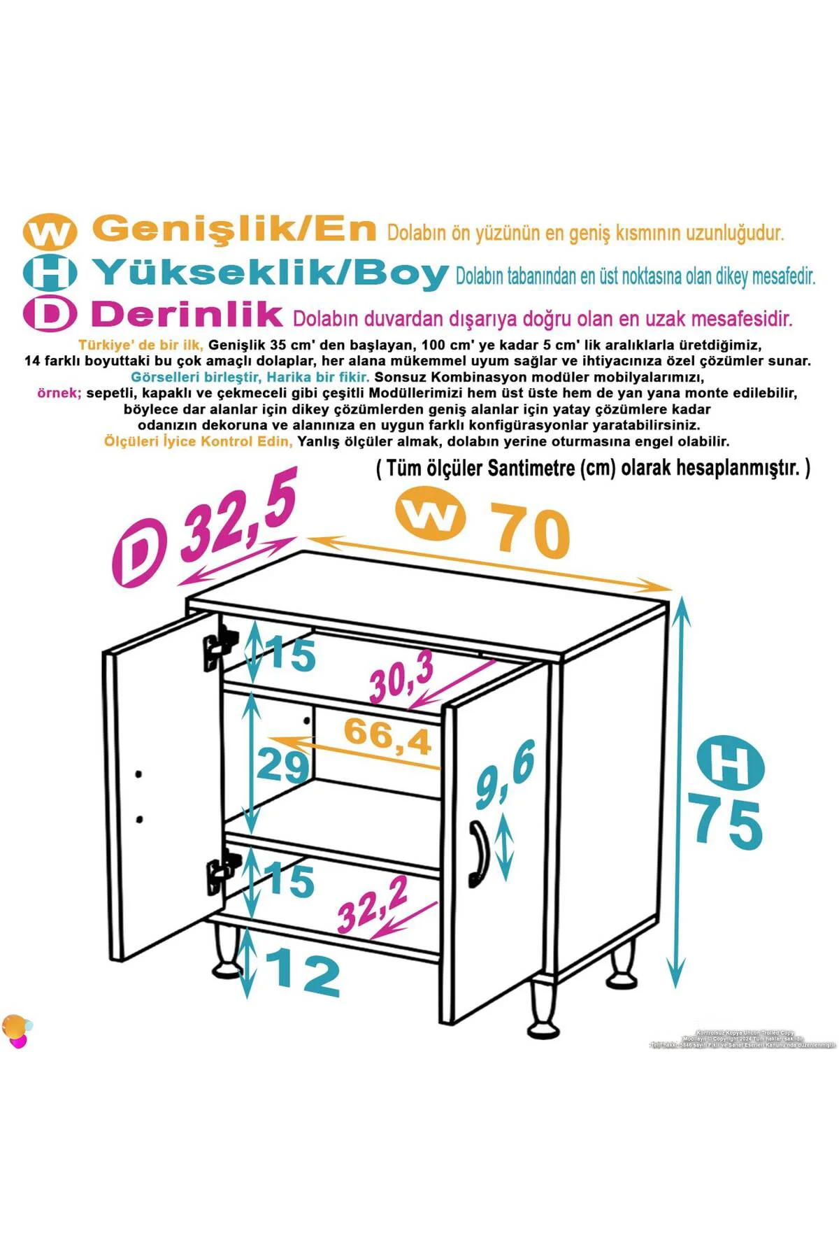 Sabir 70 cm 2 Raflı Beyaz Banyo Mutfak Dolabı 3 Bölmeli Çok Amaçl