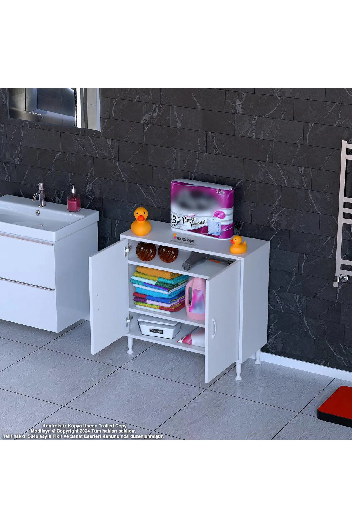 Sabir 75 cm 2 Raflı Beyaz Banyo Mutfak Dolabı 3 Bölmeli Çok Amaçl