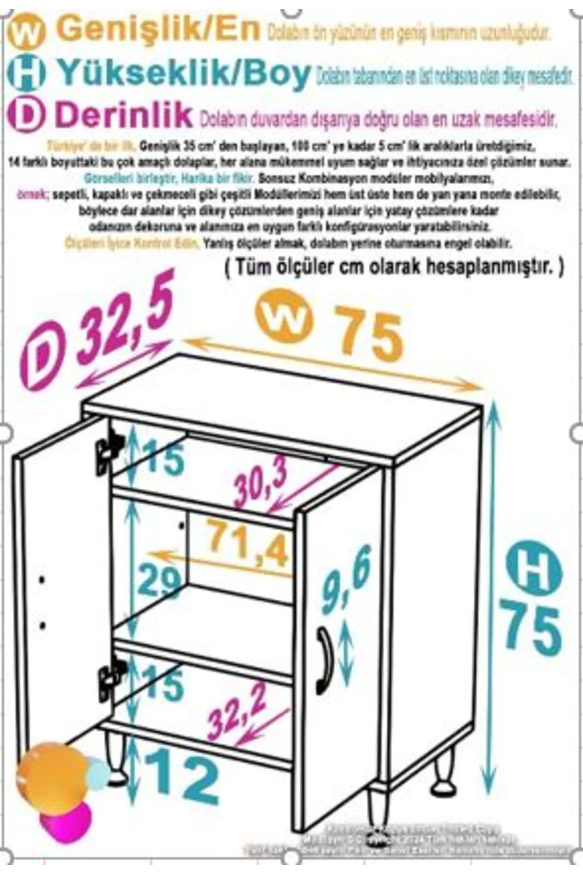 Sabir 75 cm 2 Raflı Beyaz Banyo Mutfak Dolabı 3 Bölmeli Çok Amaçl